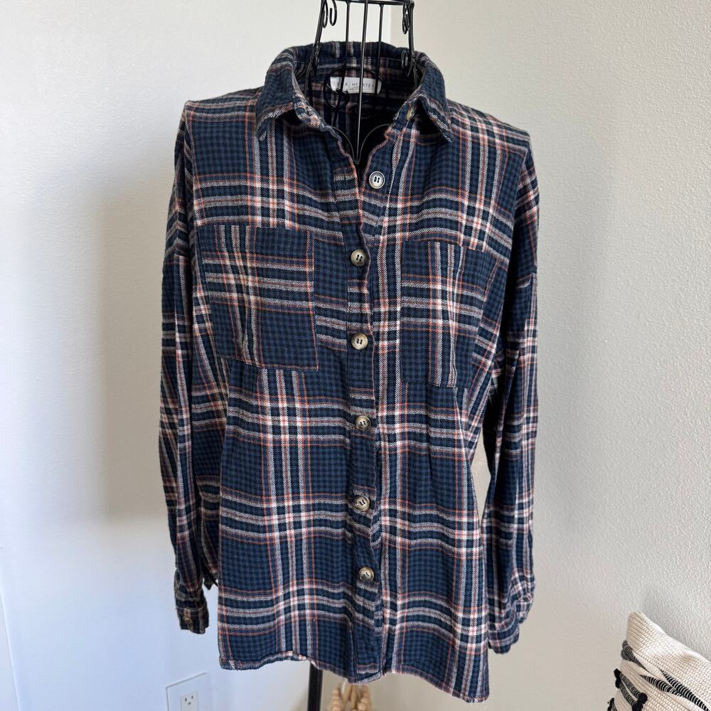 LA Hearts Navy Blue Plaid Flannel Long-Sleeve Cotton Button Up Shirt- Western